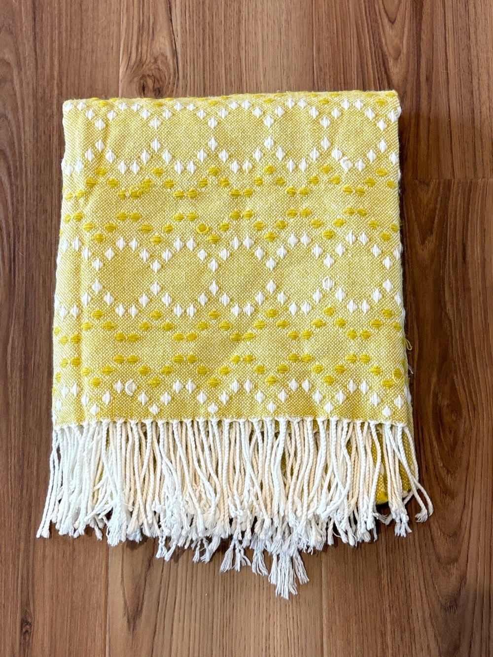 West Elm Geometric Textured Knit Fringe Throw Blanket Boho Yellow 44"x56"